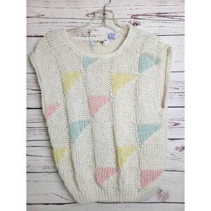 Vtg 80s Milky Way Sweater Vest Small White Pastel Geometric Hand Knitted